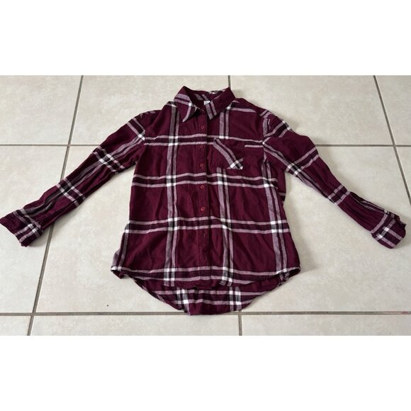 Justice Other - Justice Girl's Burgundy White Plaid Long Sleeve Soft Button Up Shirt Sz 12